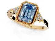 Cluster Engagement Ring Setting for Fancy Blue Emerald Cut Center with Milgrain Shoulder Clusters and Prong Head in Yellow Gold