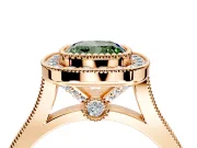 Halo Engagement Ring Setting for Fancy Green Cushion Cut Center with Milgrain Frame, Pave Band and Prong Head in Rose Gold