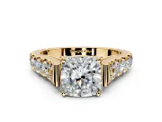 Solitaire Engagement Ring Setting for Cushion Cut Center with Pave Cathedral Shoulders and Prong Head in Yellow Gold