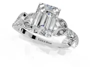 Leaf Motif Engagement Ring Setting for Emerald Cut Center with Pave Band and Prong Head in White Gold