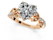 Leaf Motif Engagement Ring Setting for Heart-Shaped Center with Pave Band and Prong Head in Rose Gold