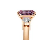 3 Stone Engagement Ring Setting for Fancy Pink Emerald Cut Center with Wide Plain Band and Prong Head in Rose Gold