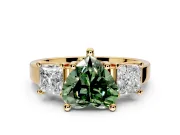 3 Stone Engagement Ring Setting for Fancy Green Heart-Shaped Center with Matching Side Accents and Prong Head in Yellow Gold