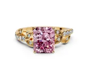Leaf Motif Engagement Ring Setting for Fancy Pink Radiant Cut Center with Pave Band and Prong Head in Yellow Gold