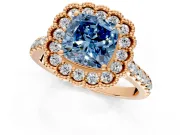 Milgrain Floral Halo Engagement Ring Setting for Fancy Blue Cushion Cut Center with Pave Band and Prong Head in Rose Gold