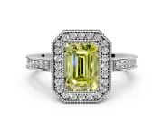 Halo Engagement Ring Setting for Fancy Yellow Emerald Cut Center with Milgrain Halo, Pave Band and Prong Head in Platinum