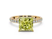 Hidden Halo Engagement Ring Setting for Fancy Yellow Princess Cut Center with Pave Band and Prong Head in Yellow Gold