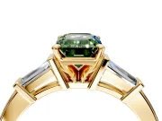 3 Stone Engagement Ring Setting for Fancy Green Emerald Cut Center with Channel Baguette Accents and Prong Head in Yellow Gold