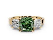 3 Stone Engagement Ring Setting for Fancy Green Cushion Cut Center with Matching Side Accents and Prong Head in Yellow Gold