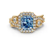 Milgrain Halo Engagement Ring Setting for Fancy Blue Radiant Cut Center with Shoulder Bezels and Prong Head in Yellow Gold