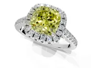 Halo Engagement Ring Setting for Fancy Yellow Cushion Cut Center with Raised Halo, Pave Band and Prong Head in Sterling Silver