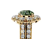 Large Accent Halo Engagement Ring Setting for Fancy Green Round Cut Center with Pave Split Shank and Prong Head in Yellow Gold
