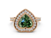 Halo Engagement Ring Setting for Fancy Green Heart-Shaped Center with Milgrain Frame, Pave Band and Prong Head in Rose Gold