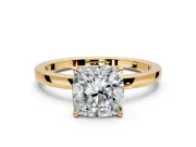 Solitaire Engagement Ring Setting for Cushion Cut Center with Thin Rounded Plain Band and Prong Head in Yellow Gold