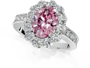 Halo Engagement Ring Setting for Fancy Pink Oval Center with Milgrain Channel Band and Prong Head in White Gold