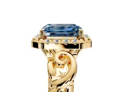 Halo Engagement Ring Setting for Fancy Blue Emerald Cut Center with Open Scroll Shoulders and Prong Head in Yellow Gold