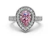 Milgrain Halo Engagement Ring Setting for Fancy Pink Pear-Shaped Center with Pave Band and Prong Head in White Gold