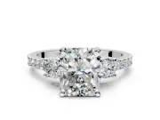 3 Stone Engagement Ring Setting for Radiant Cut Center with Round Cut Side Accents and Prong Head in Platinum