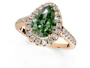 Halo Engagement Ring Setting for Fancy Green Pear-Shaped Center with Narrowing Pave Band and Prong Head in Rose Gold