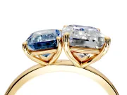 Fancy Blue Emerald Cut and Emerald Cut Lab-Grown Diamond Toi et Moi Engagement Ring with Prong-Set Stones in Yellow Gold