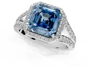 Halo Engagement Ring Setting for Fancy Blue Asscher Cut Center with Narrow Pave Split Shank and Prong Head in Platinum