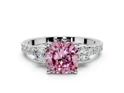 3 Stone Engagement Ring Setting for Fancy Pink Cushion Cut Center with Round Cut Side Accents and Prong Head in Sterling Silver