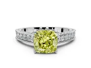 Solitaire Engagement Ring Setting for Fancy Yellow Cushion Cut Center with Milgrain-Framed Pave Band and Prong Head in Platinum