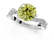 Solitaire Engagement Ring Setting for Fancy Yellow Round Cut Center with Bar-Station Pave Twist and Prong Head in White Gold