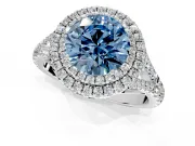Double Halo Engagement Ring Setting for Fancy Blue Round Cut Center with Narrow Pave Split Shank and Prong Head in Platinum