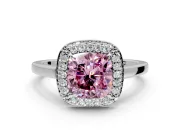 Halo Engagement Ring Setting for Fancy Pink Cushion Cut Center with Plain Tapered Band and Prong Head in White Gold