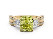 3 Stone Engagement Ring Setting for Fancy Yellow Radiant Cut Center with Pave Twist Band and Prong Head in Yellow Gold