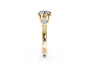 3 Stone Engagement Ring Setting for Round Cut Center with Baguette Accents and Prong Head in Yellow Gold