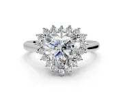 Starburst Halo Engagement Ring Setting for Heart-Shaped Center with Thin Round-Wire Band and Prong Head in Platinum