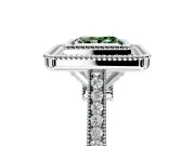 Halo Engagement Ring Setting for Fancy Green Princess Cut Center with Milgrain Frame, Pave Band and Prong Head in White Gold