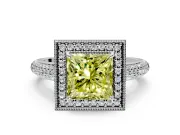Milgrain Halo Engagement Ring Setting for Fancy Yellow Princess Cut Center with Three-Sided Pave Band and Prong Head in White Gold