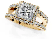 Halo Engagement Ring Setting for Princess Cut Center with Wide-Open Pave Split Shank and Prong Head in Yellow Gold