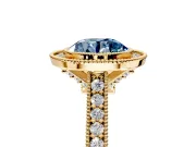 Halo Engagement Ring Setting for Fancy Blue Round Cut Center with Milgrain Pave Band and Bezel Head in Yellow Gold