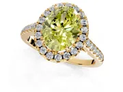 Halo Engagement Ring Setting for Fancy Yellow Oval Center with Raised Halo, Pave Band and Prong Head in Yellow Gold