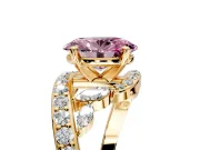 Solitaire Engagement Ring Setting for Fancy Pink Oval Center with Pave Bypass Twist Band and Prong Head in Yellow Gold