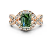 Halo Engagement Ring Setting for Fancy Green Emerald Cut Center with Pave Infinity Twist Band and Prong Head in Rose Gold