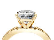 Solitaire Engagement Ring Setting for Princess Cut Center with Milgrain-Edged Pave Band and Prong Head in Yellow Gold