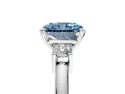 3 Stone Engagement Ring Setting for Fancy Blue Radiant Cut Center with Wide Plain Band and Prong Head in Platinum