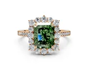 Halo Engagement Ring Setting for Fancy Green Radiant Cut Center with Single-Row Pave, Open Basket and Prong Head in Rose Gold