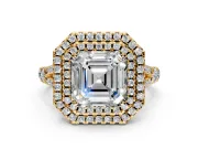 Double Halo Engagement Ring Setting for Asscher Cut Center with Narrow Pave Split Shank and Prong Head in Yellow Gold