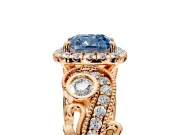 Milgrain Halo Engagement Ring Setting for Fancy Blue Cushion Cut Center with Shoulder Bezels and Prong Head in Rose Gold