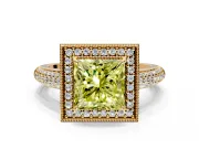 Milgrain Halo Engagement Ring Setting for Fancy Yellow Princess Cut Center with Three-Sided Pave Band and Prong Head in Yellow Gold