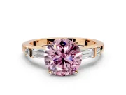 Bar-Set Engagement Ring Setting for Fancy Pink Round Cut Center with Tapered Baguette Accents and Prong Head in Rose Gold