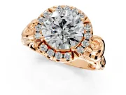 Halo Engagement Ring Setting for Round Cut Center with Open Scroll Shoulders and Prong Head in Rose Gold