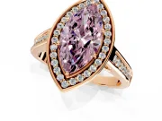Halo Engagement Ring Setting for Fancy Pink Marquise Center with Outer Bezel Rim, Pave Band and Prong Head in Rose Gold