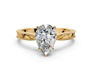Solitaire Engagement Ring Setting for Pear-Shaped Center with Engraved Milgrain Band and Prong Head in Yellow Gold